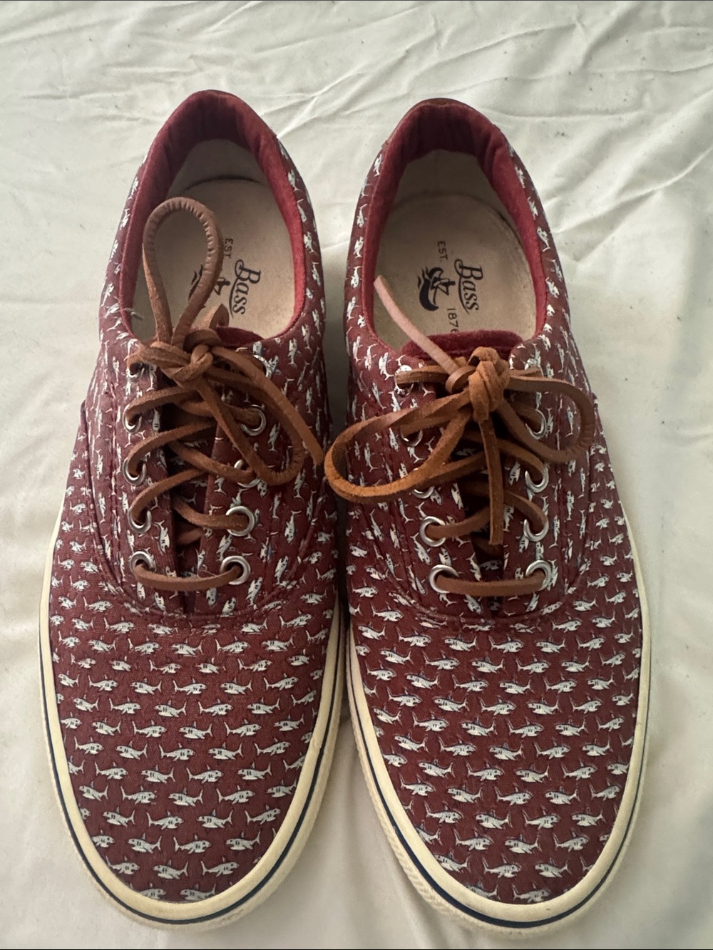 Bass Men’s Maroon Canvas Boat Shoes with White Fish Pattern